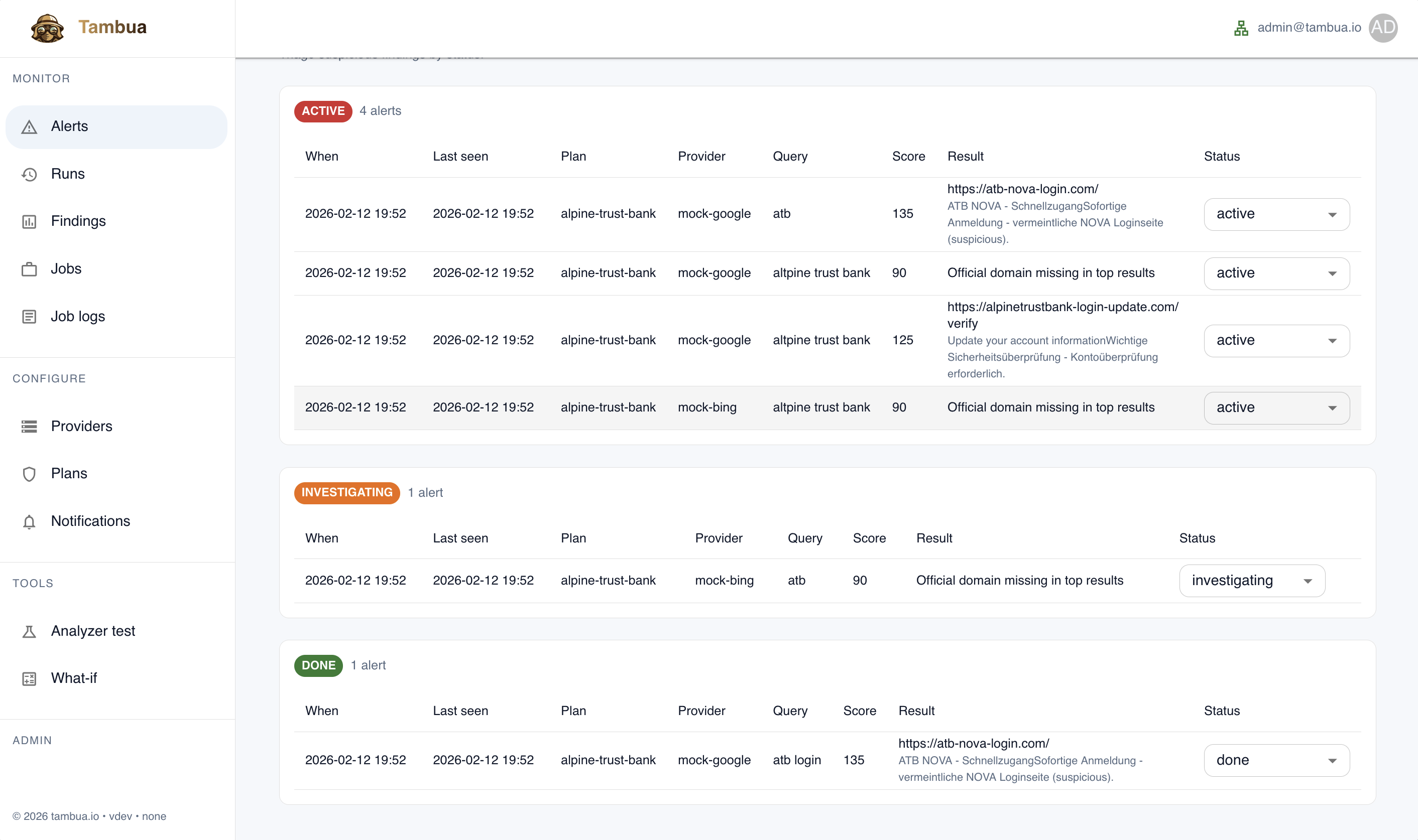 Tambua search result monitoring dashboard